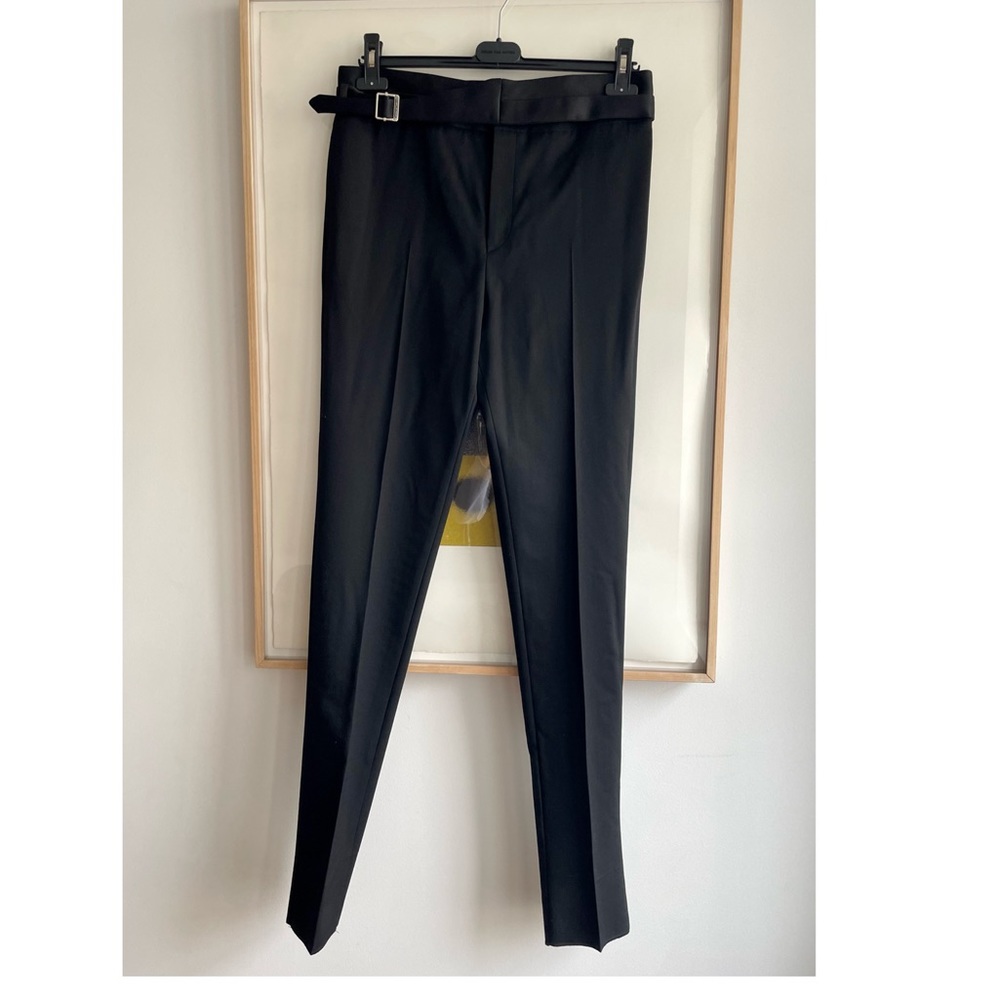 Women’s Saint Laurent Black tuxedo skinny fit pants. Black satin waist detail.